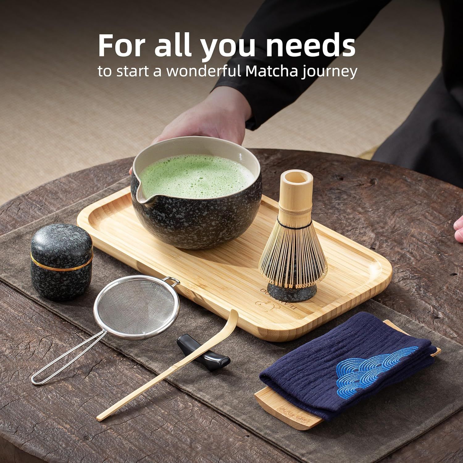TEANAGOO Service à thé japonais, ensemble de fouet à matcha, bol à matcha en bambou (Chasen), cuillère (chashaku), support de fouet à matcha, kit de fabrication de thé. O1, kit de poudre de thé vert