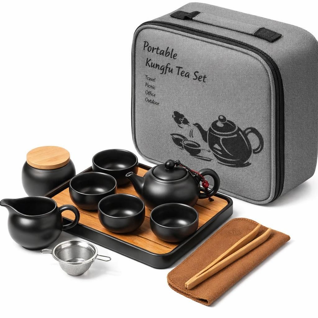 Théière chinoise avec plateau et infuseur - Théière portable en porcelaine - Sac tout-en-un - Pour extérieur, pique-nique, affaires, hôtel (noir)