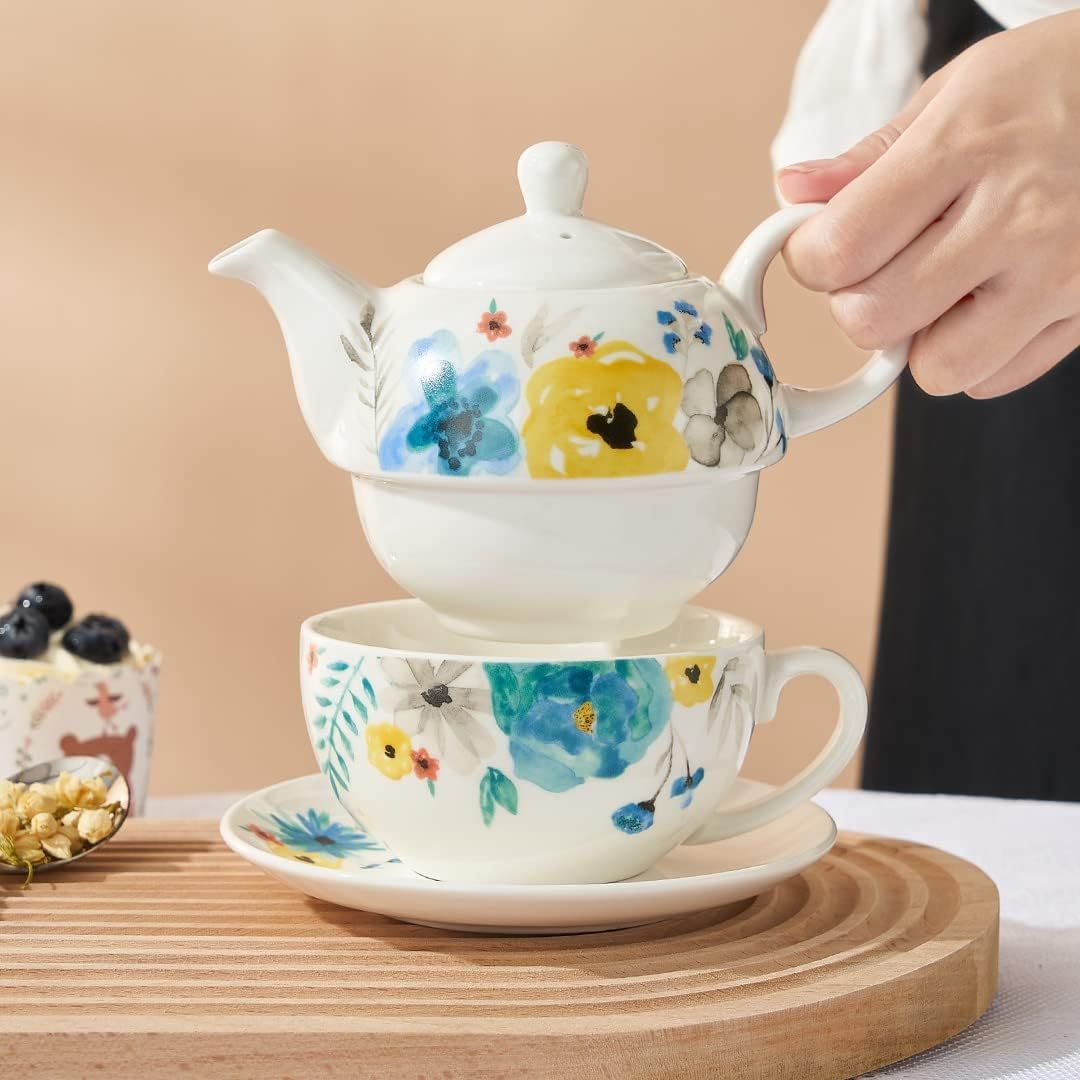 Service à thé en porcelaine pour une personne – Théière florale aquarelle peinte à la main et tasse, cadeau pour femme, fleurs florales