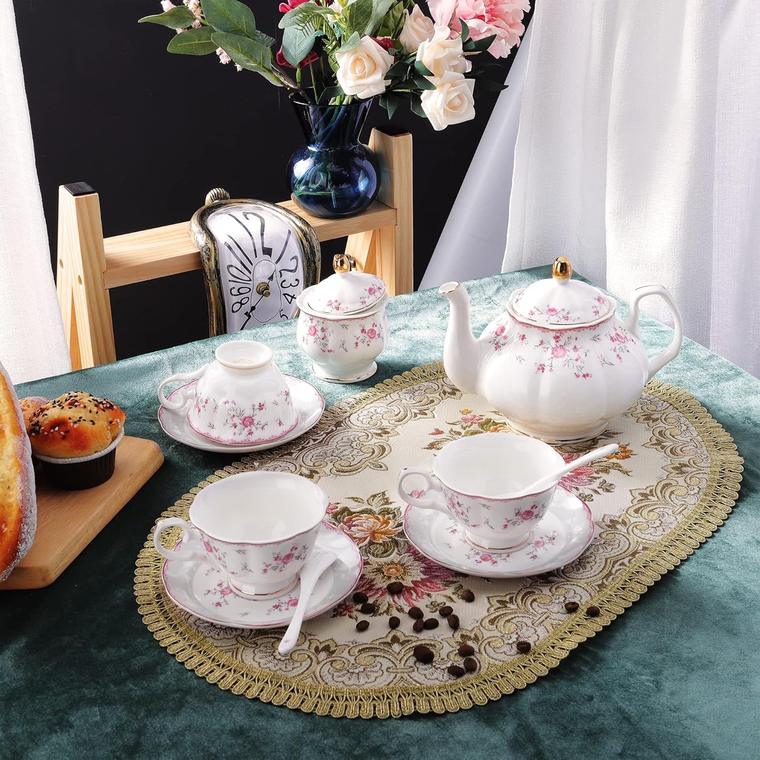 fanquare Service à Thé en Porcelaine, Ensemble de Tasse et Soucoupe à Thé, Service de Thé 6 Personnes, Théière de Mariage Pichet à Crème dans un Sucrier, Service à Café Flower China, Rose Rouge