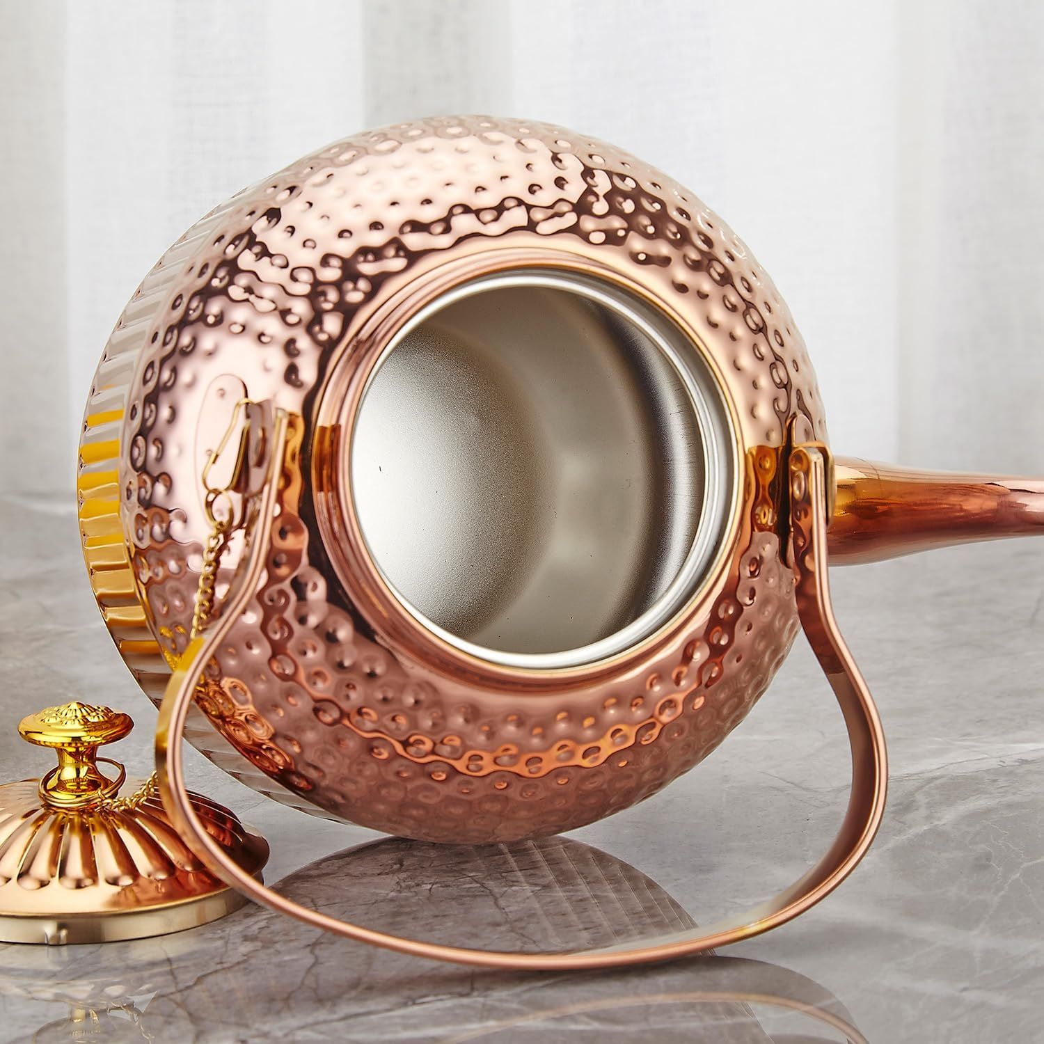 SANQIAHOME 1200ml Théière en acier inoxydable avec infuseur style rétro，Cuivre