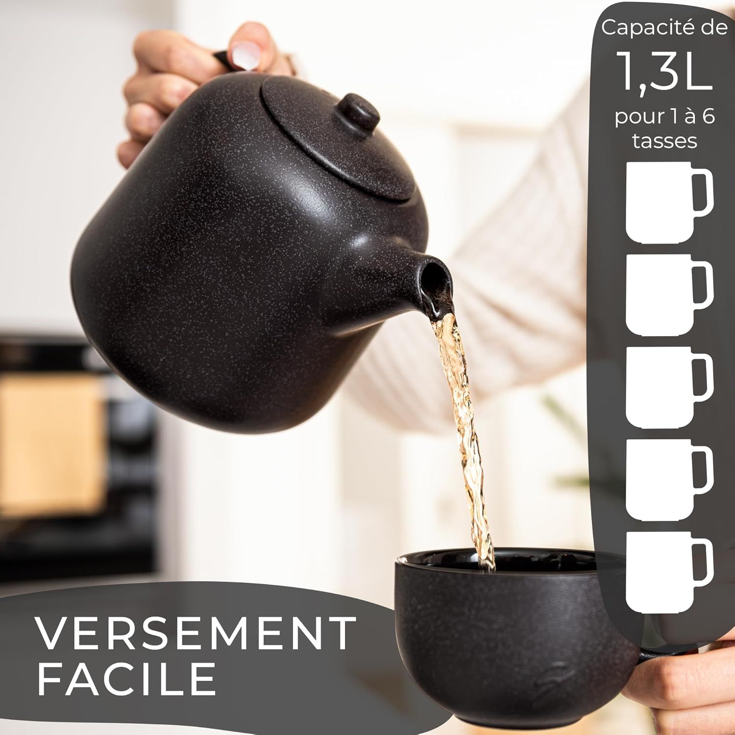STEINZEIT Theiere avec infuseur design (1,3L) – Théière avec filtre en acier inoxydable 304 – Théière en céramique avec glaçure unique – Filtre amovible – noire
