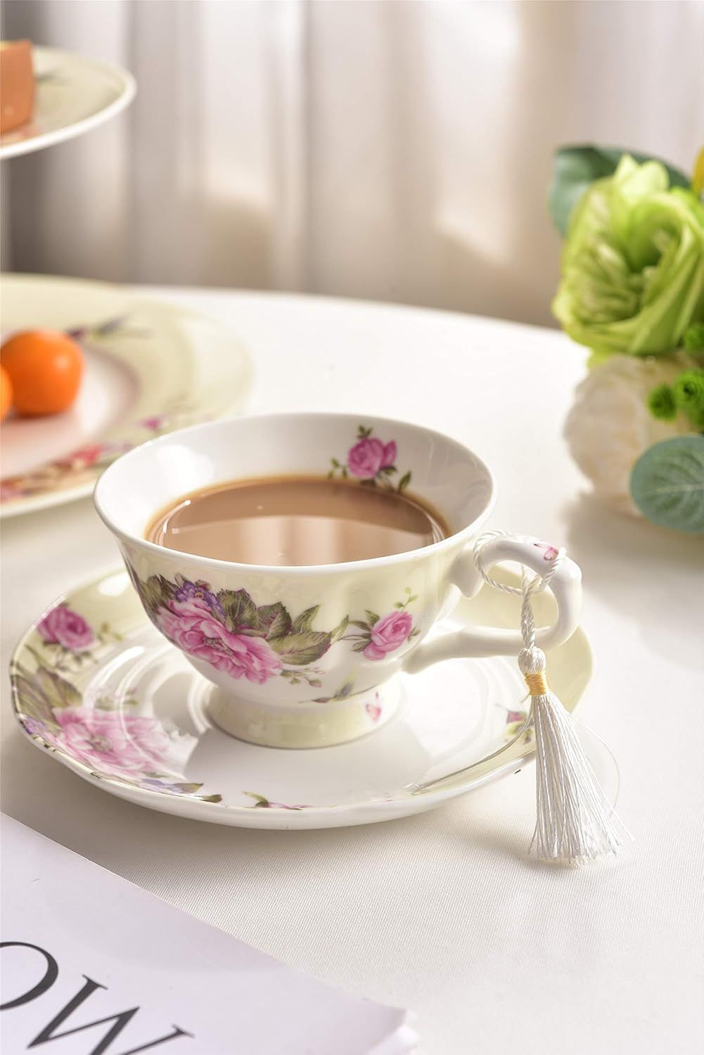 Lot de 3 Assiettes à café et soucoupes à Dessert Style Shabby Chic Vintage en Porcelaine avec Motif Oiseau et Papillon (crème/Beige)