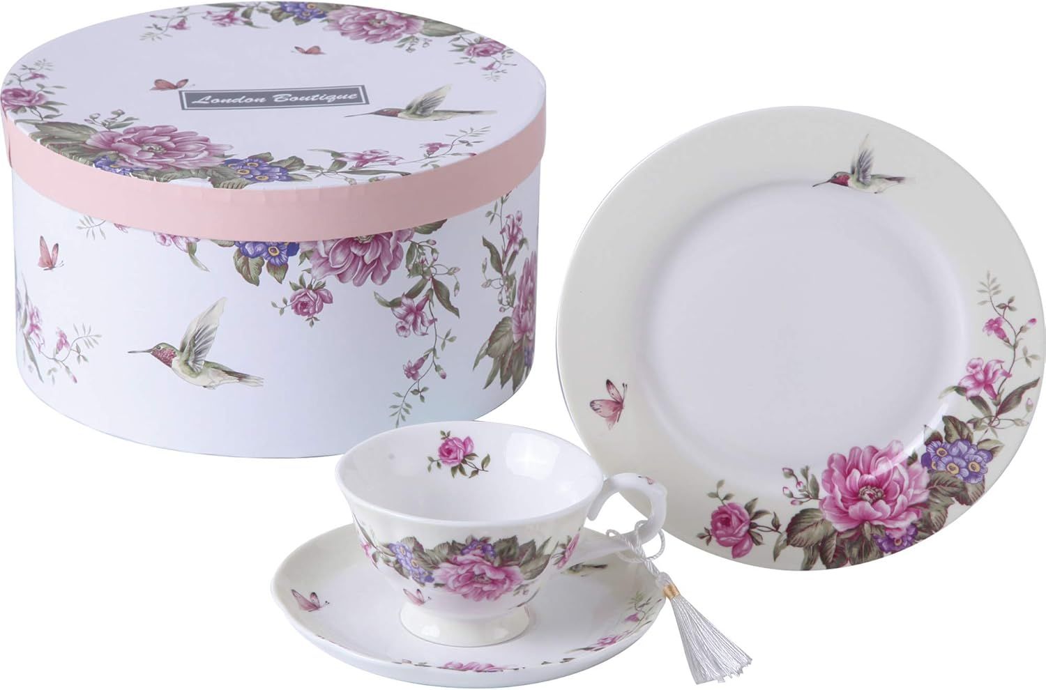 Lot de 3 Assiettes à café et soucoupes à Dessert Style Shabby Chic Vintage en Porcelaine avec Motif Oiseau et Papillon (crème/Beige)