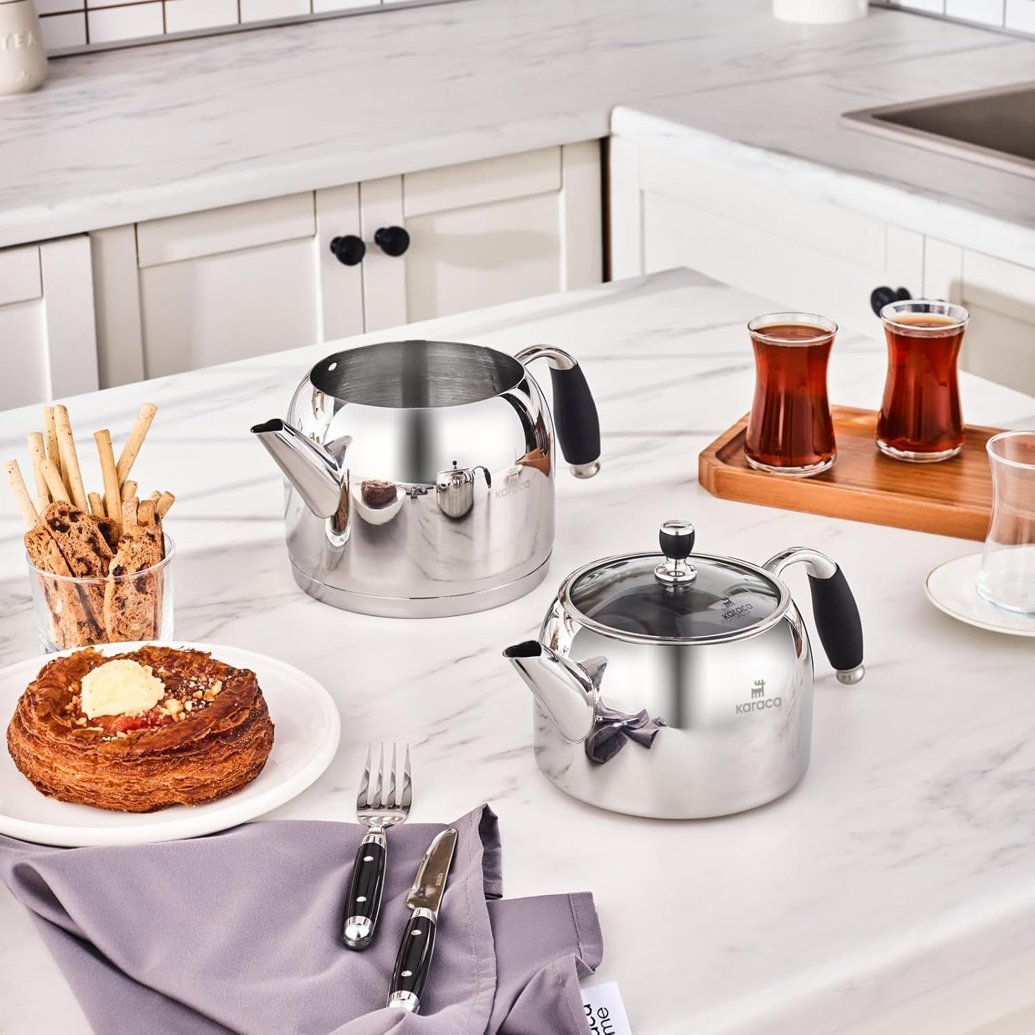 Karaca Stella Set de Théière Turque en Acier Inoxydable, Bouilloire 2L, Théière 1L, Poignées Résistantes à la Chaleur, Finition Poli, Compatible Induction Turkish Teapot & Caydanlik