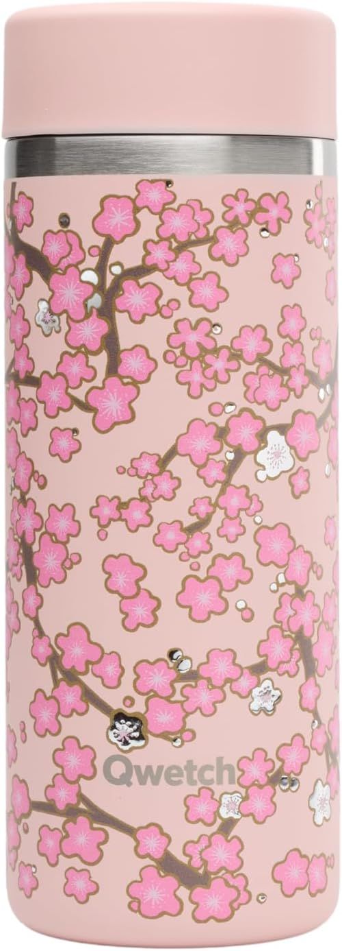 Qwetch - Théière Isotherme Nomade 400ml - Infuseur avec 2 Filtres - 12h Chaud / 24h Froid - Étanche, Réutilisable & Durable - Pour Thé, Café, Tisane, Fruits (Flowers Rose)