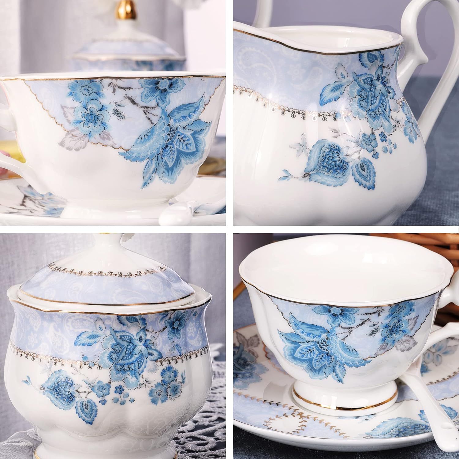 fanquare Service à Thé en Porcelaine Fleurs Bleues, Ensemble de Tasse et Soucoupe à Thé, Service de Thé 6 Personnes, Théière de Mariage Pichet à Crème Dans un Sucrier, Service à Café en Porcelaine