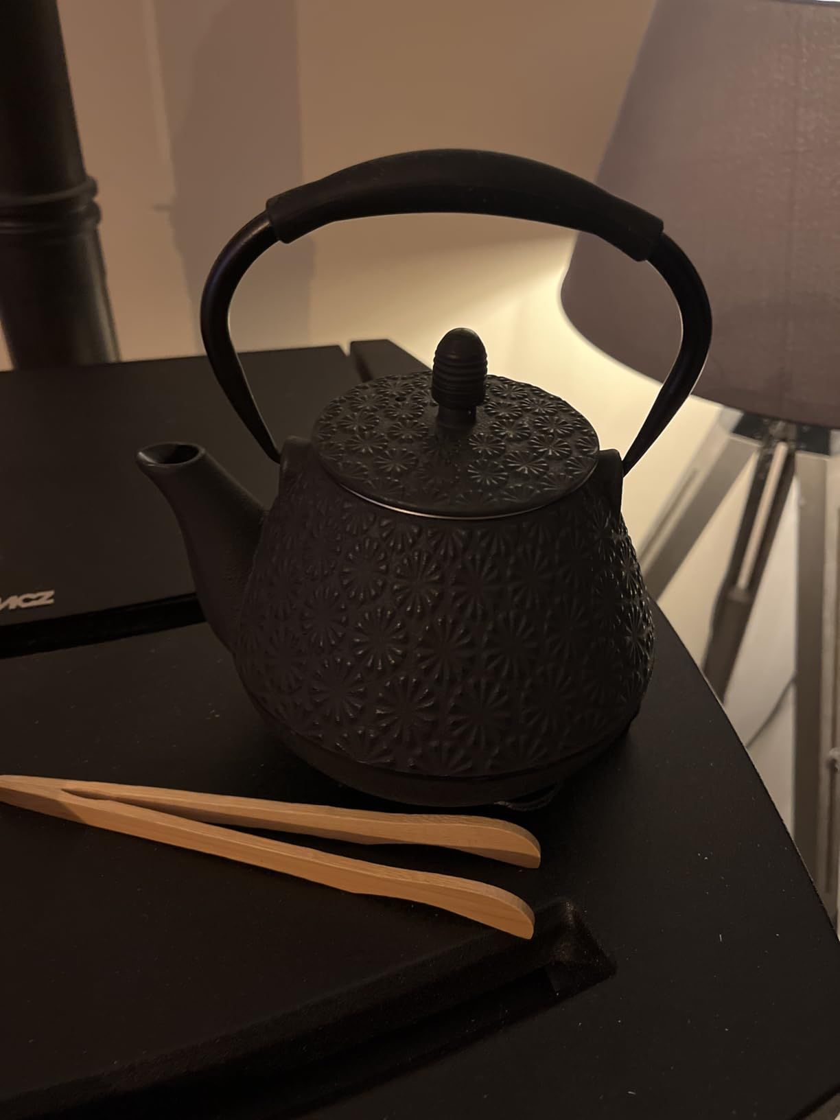 Théière en Fonte, Théière Japonaise avec Inspergraphe pour Feuille Libre, Bouilloire à Thé 800ml pour Cuisinière Enduite d’Intérieur émaillé, Motif Nuages, Noir