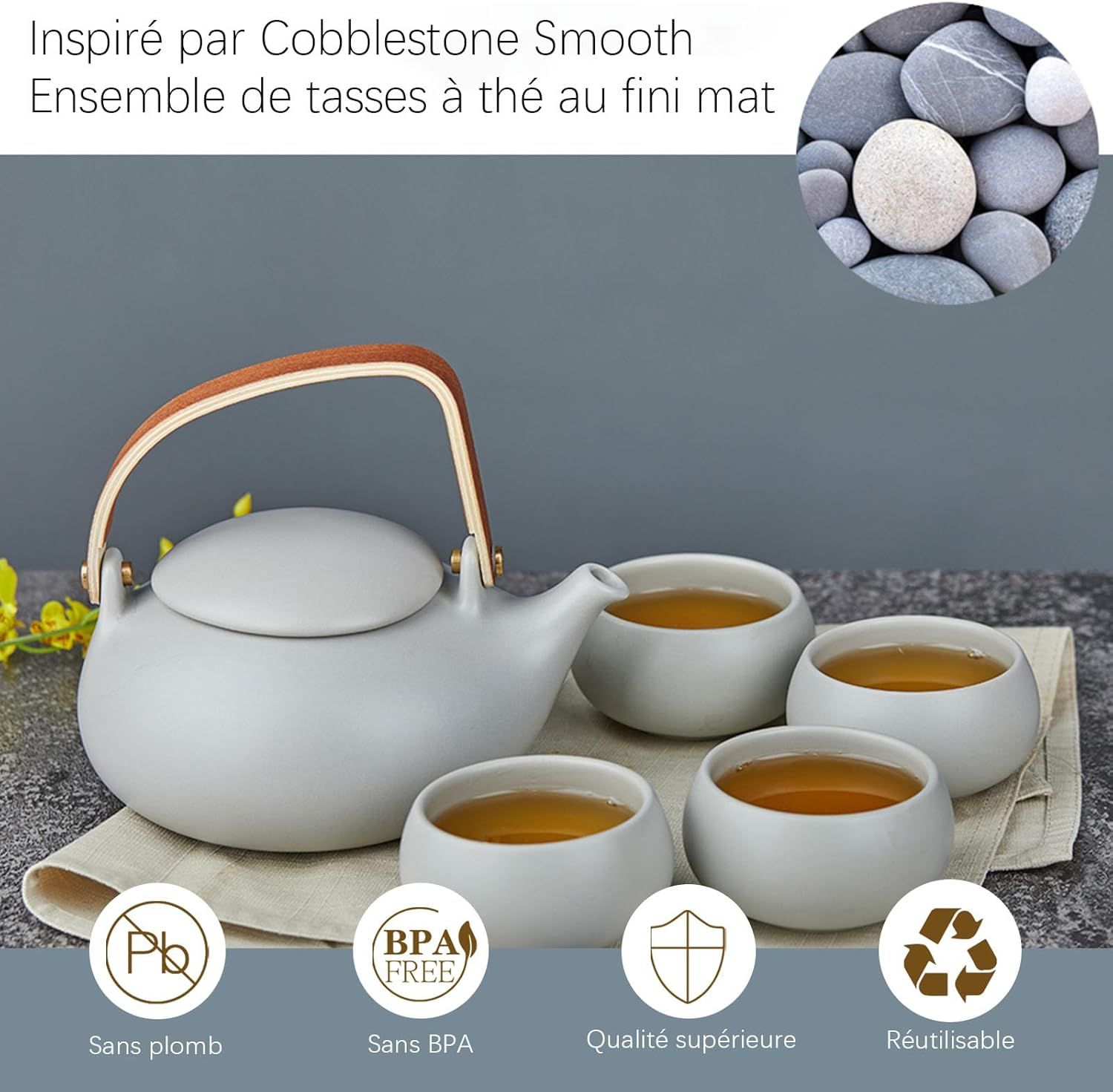 ZENS Theiere avec infuseur, Théière en japonaise avec 4 tasse pour le thé en vrac, gris céramique Théière avec filtre en acier inoxydable 304 pour les fleurs Thé, manche en bois moderne