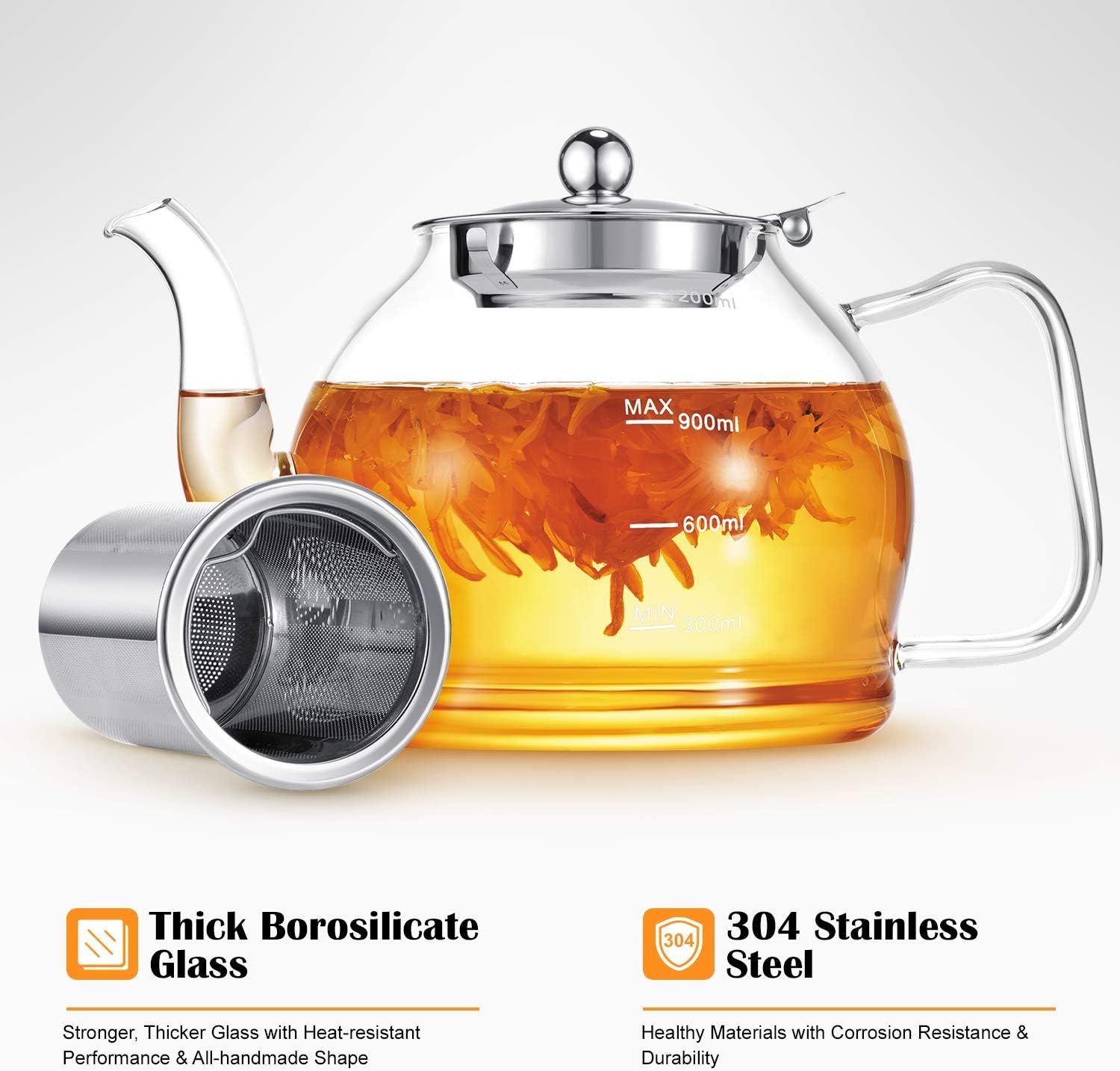 1200ml Theiere en Verre Borosilicate avec Infuseur, Pots à thé en Vrac, Coffre-fort pour Cuisinière