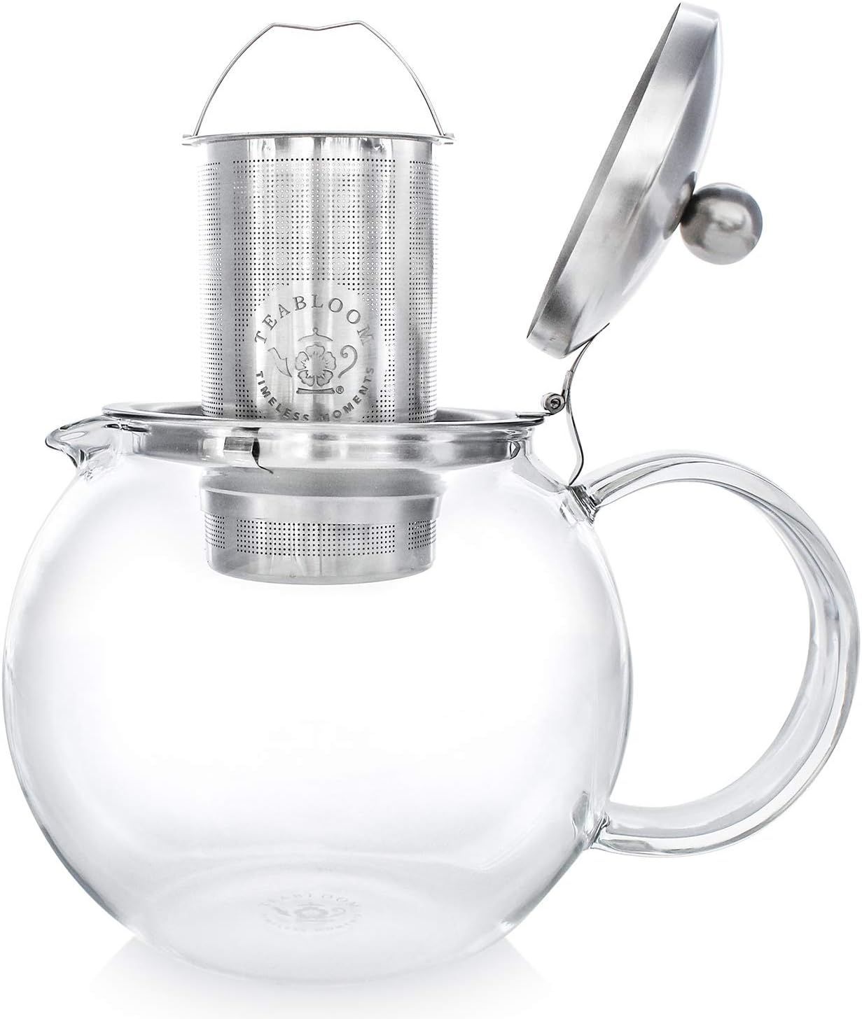 Teabloom Classica Théière en Verre 1,2 L – Résistante à la Chaleur avec Infuseur Amovible en Acier Inoxydable – Théière Design pour Thé en Vrac et Infusions