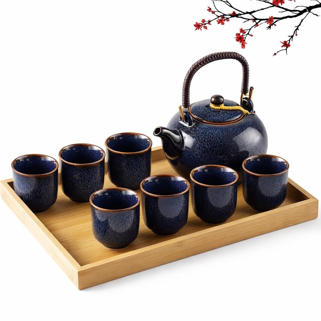 DUJUST Service à thé japonais - 8 pièces, service a the en porcelaine avec 1 théière, 6 tasses à thé et 1 plateau à thé, theiere porcelaine unique pour adultes, bleu foncé