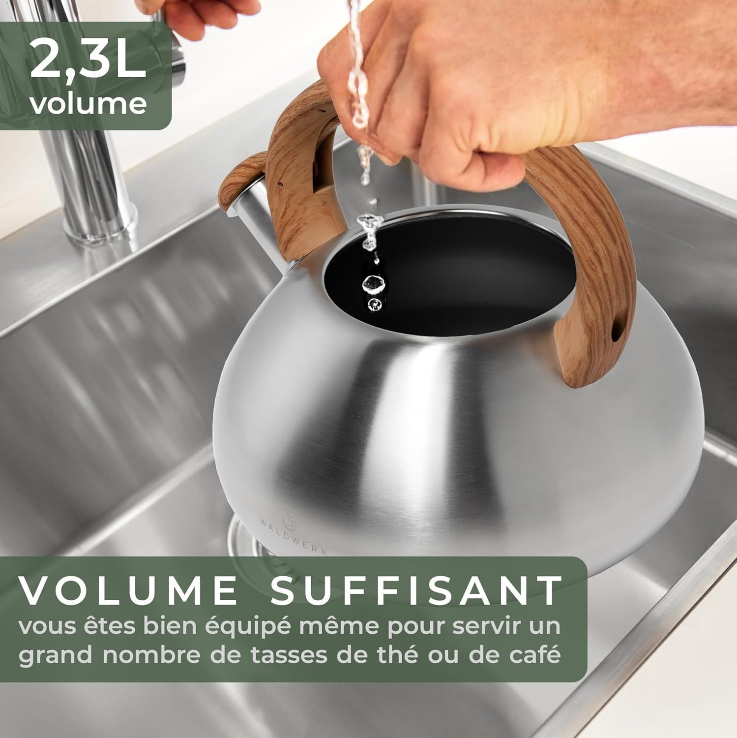 WALDWERK (2,3 L) Bouilloire INOX Vintage pour Induction et Gaz - Poignée Aspect Bois - Sifflante - Retro