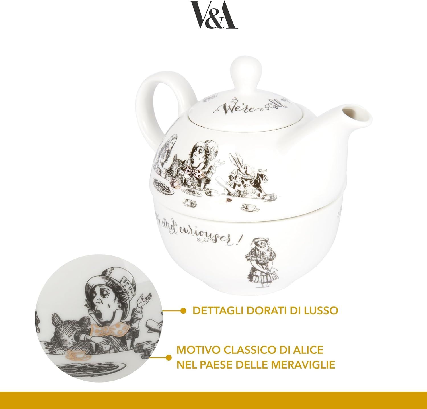 V&A Alice Au Pays Des Merveilles Théière Et Tasse Pour 1 Dans Un Coffret Cadeau, Service À Thé En Porcelaine Fine, Blanc, 250 Ml