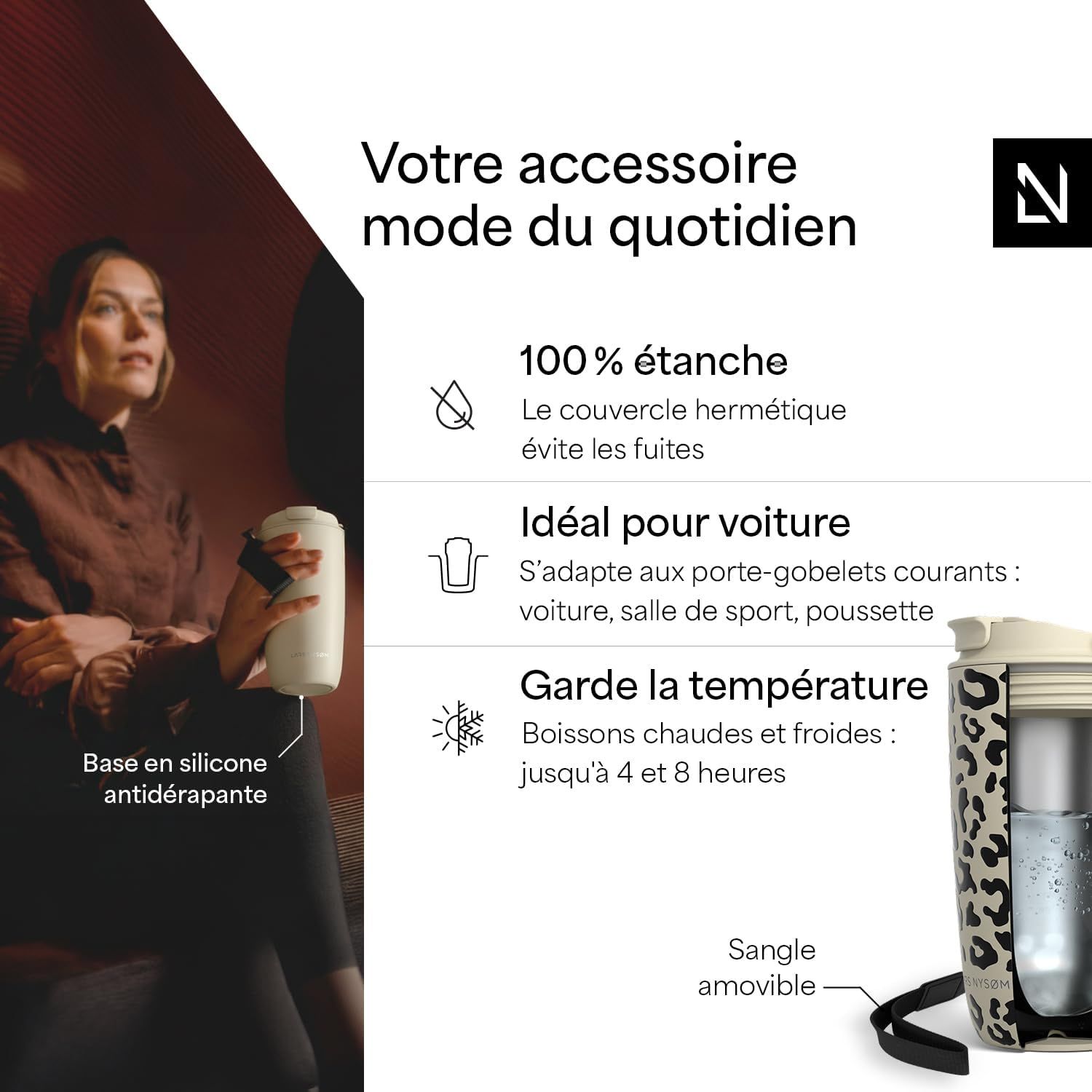 LARS NYSØM Mug Isotherme Cafe to-go avec sangle et couvercle en tritan 500ml | Tasse de voyage 0.5 L avec isolation | Tasse thermique avec design à motif en acier inoxydable (Beige/Leopard/Black)