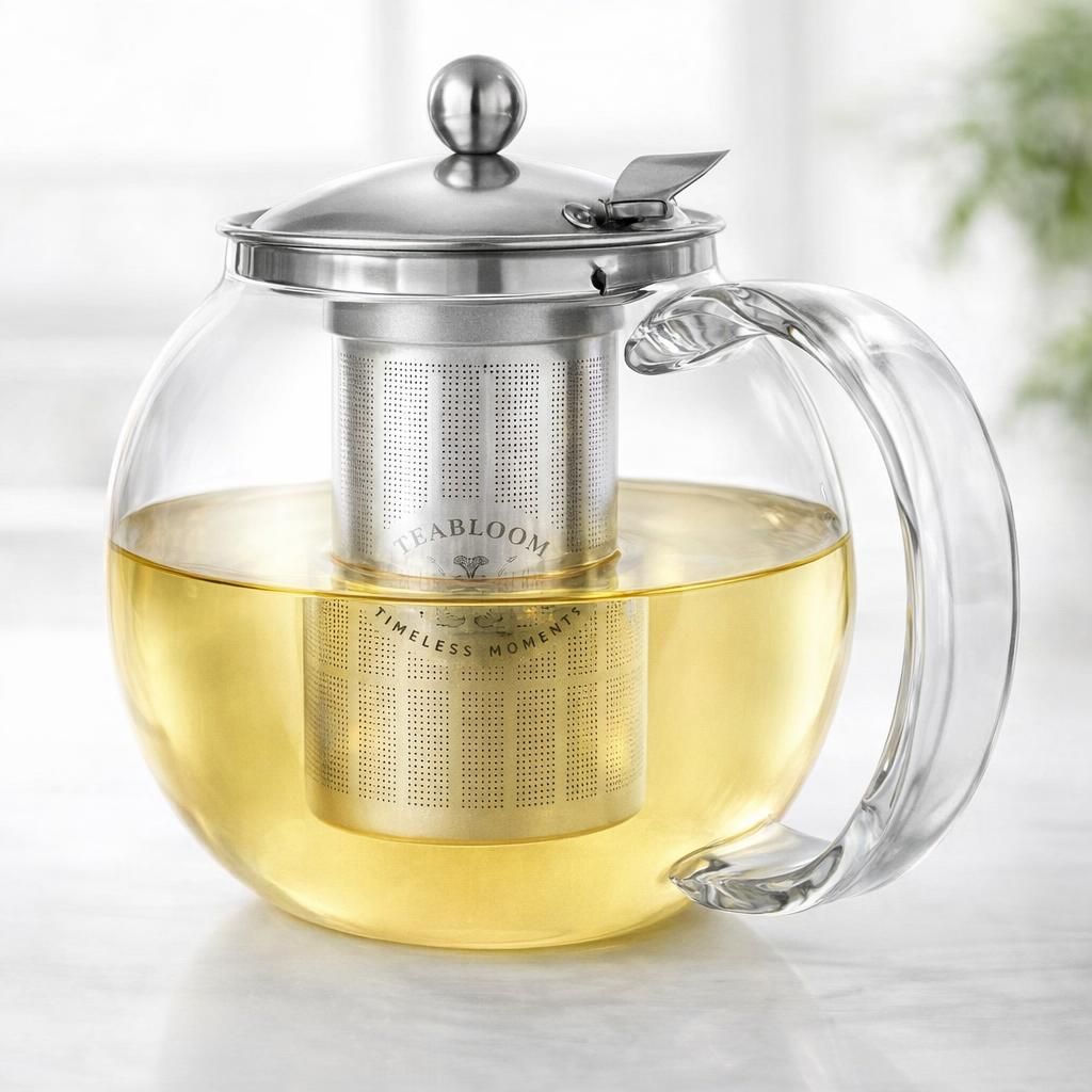 Teabloom Classica Théière en Verre 1,2 L – Résistante à la Chaleur avec Infuseur Amovible en Acier Inoxydable – Théière Design pour Thé en Vrac et Infusions