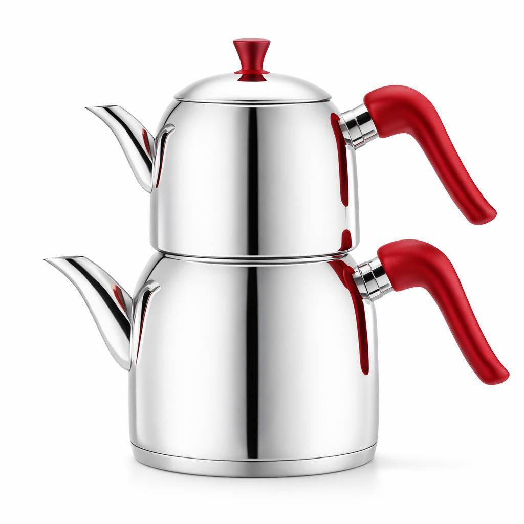 Karaca Edena Midi Théière Set Rouge, Acier, Convient pour l'induction, Théière:1,5 litres Buveur : 2 litres, Il a un corps en acier, Théière turque