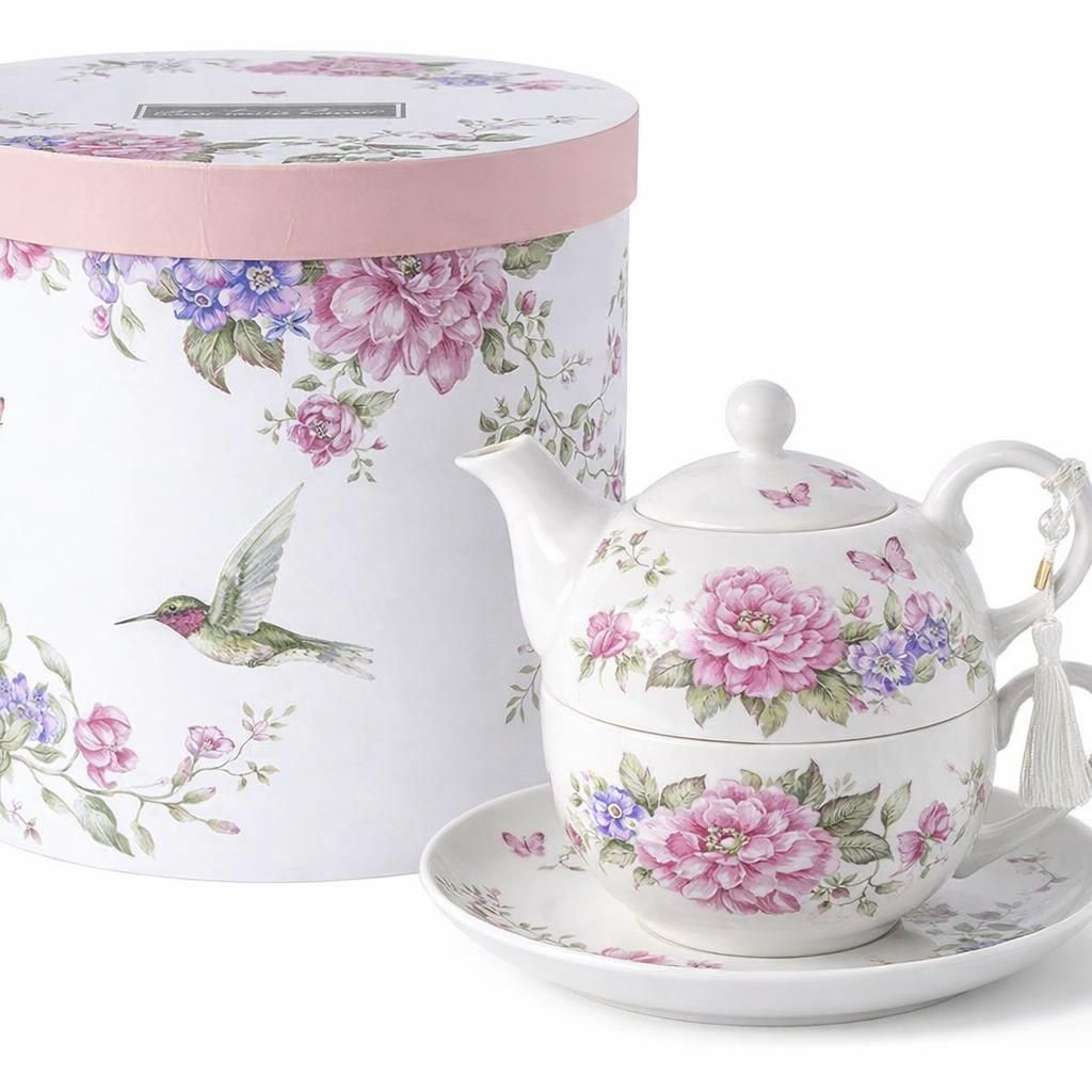 Ensemble de théière, tasse et soucoupe en porcelaine pour une personne à motif floral boîte cadeau