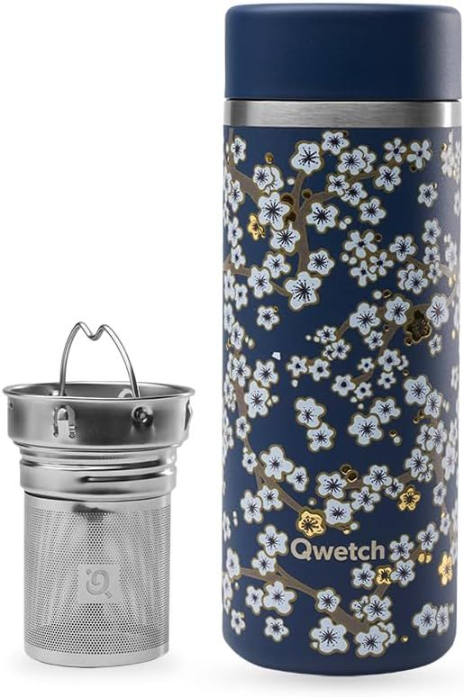 Qwetch - Théière Isotherme Nomade 400ml - Infuseur avec 2 Filtres - 12h Chaud / 24h Froid - Étanche, Réutilisable & Durable - Pour Thé, Café, Tisane, Fruits (Flowers Bleu Nuit)