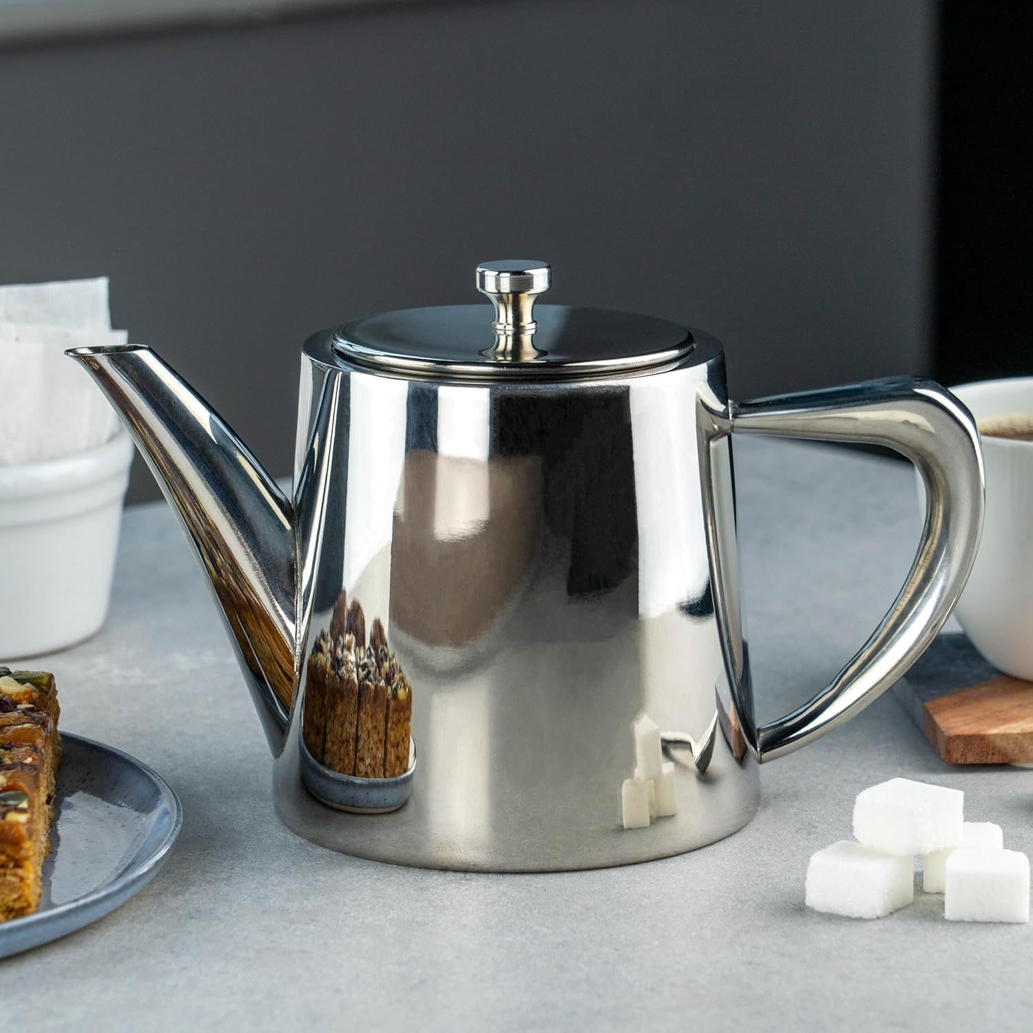 Café Olé Derwent Théière 680 ml, pour 3 personnes, en acier inoxydable, design moderne avec finition miroir, bec verseur parfait