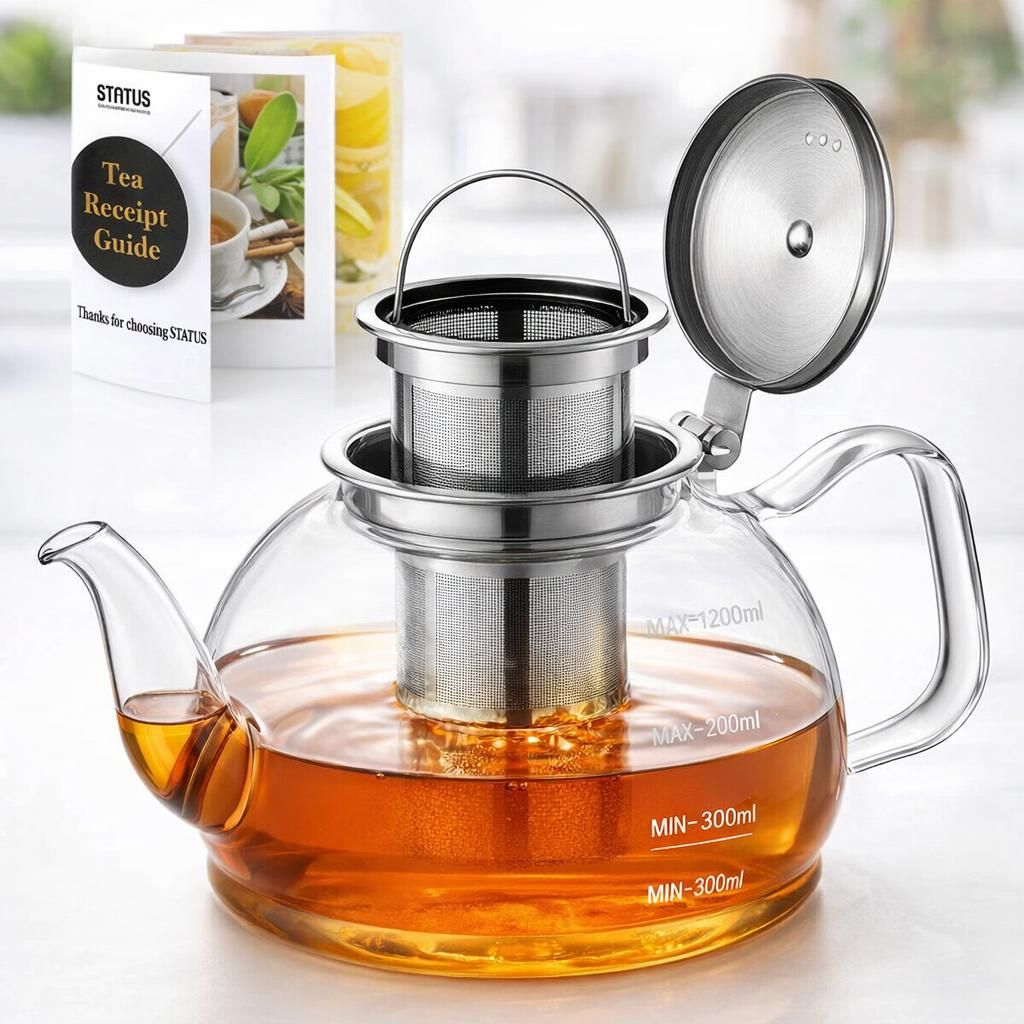 1200ml Theiere en Verre Borosilicate avec Infuseur, Pots à thé en Vrac, Coffre-fort pour Cuisinière