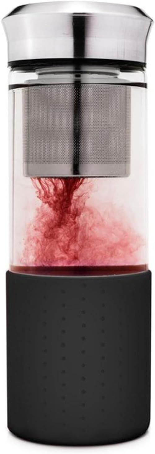 Creano „Teamaker“ 400ml – Théière Nomade & Bouteille à Thé en Verre avec Passoire Inox et Housse Néoprène – Bouteille Infuseur Étanche – Noir