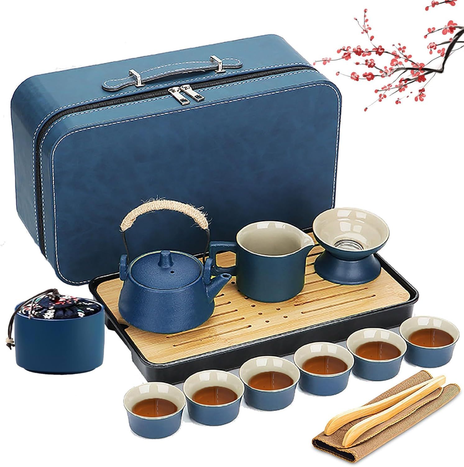 14 Pièces Thé Complet - Service à thé en Porcelaine avec et Plateau, Service à thé Japonais, Service à thé chinois pour Thé en Vrac,6 Tasses en Céramique Isolées de 120 ml,220ml Théière Thés à Fleurs