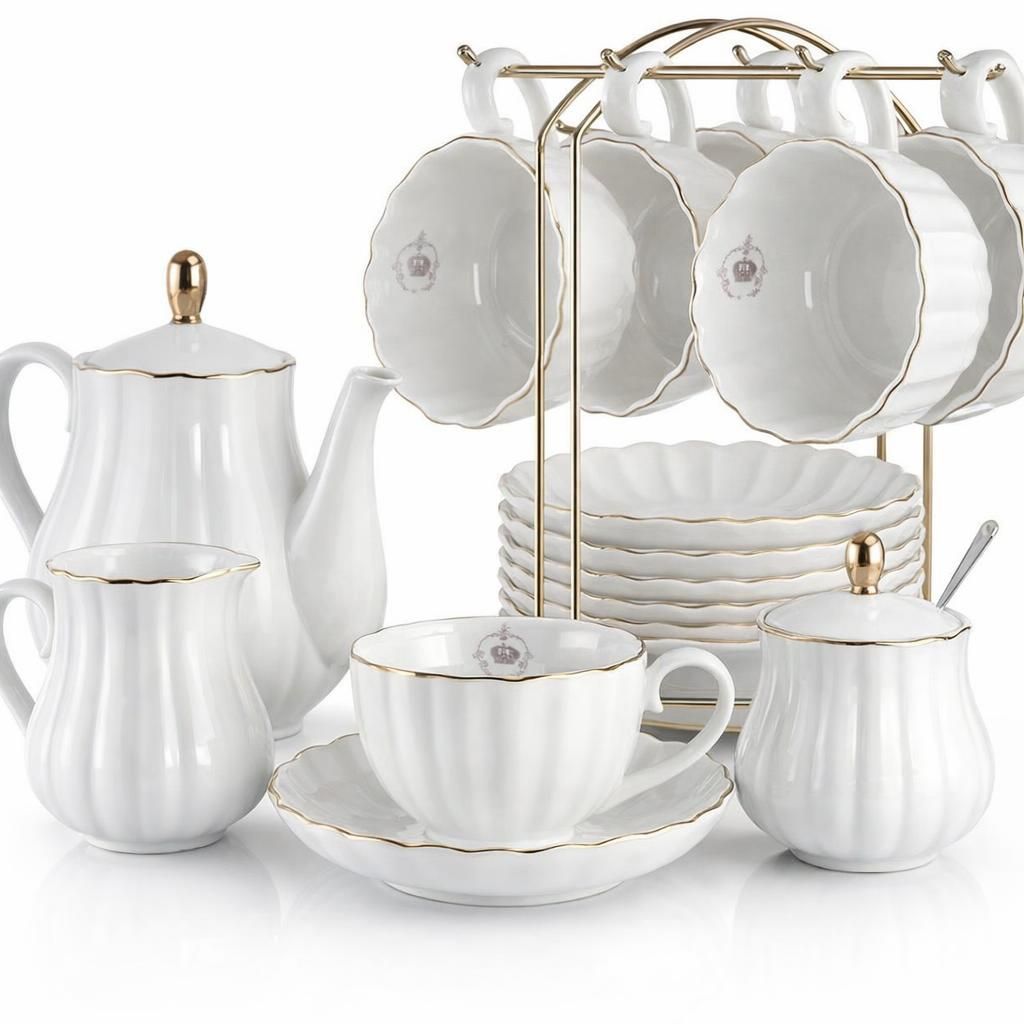 Sweejar Home Service à thé en porcelaine avec tasses et soucoupes Motif famille royale 225 ml blanc