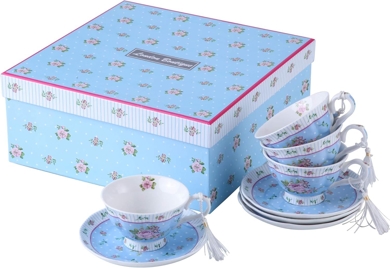 London Boutique Lot de 4 Tasses à thé et soucoupes en Porcelaine Vintage Motif Oiseaux et Papillons Bleu Rose