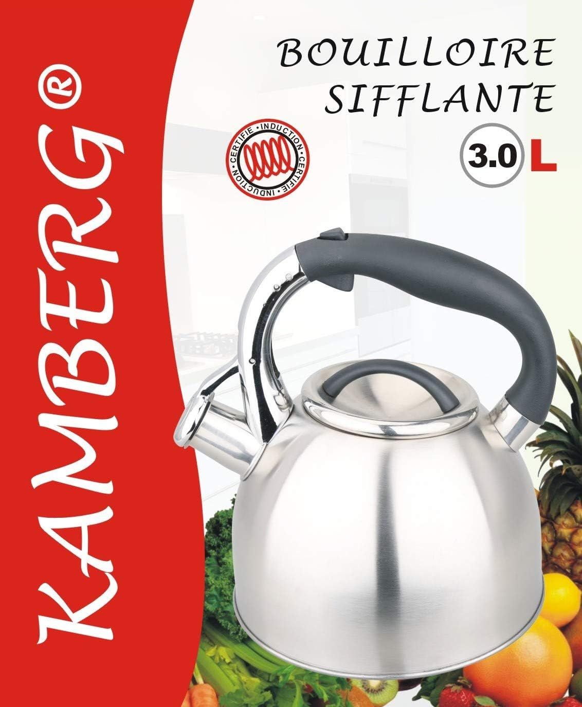 Kamberg - Théière Bouilloire sifflante 3 litres - Acier inoxydable - Poignée ergonomique - Tous Feux dont Induction - 0008113, Gris