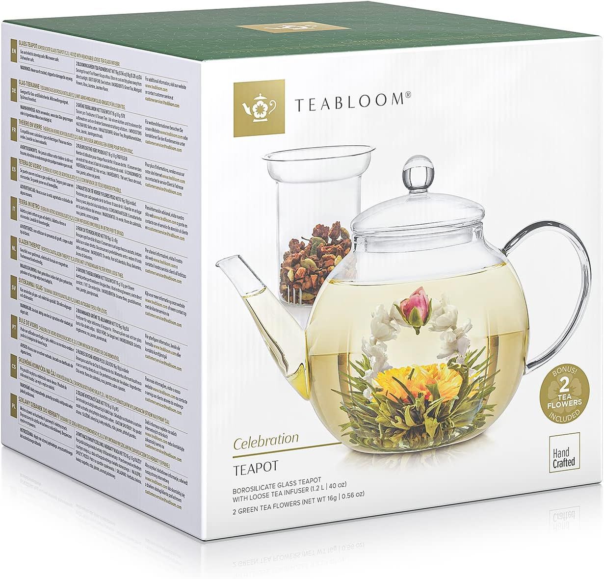 Teabloom Théière en Verre, Résistante à la Cuisson et aux Micro-ondes, avec Infuseur Amovible pour Thé en Vrac – 2 Thés Fleuris Inclus – Bouilloire et Machine à Thé 1.2 L