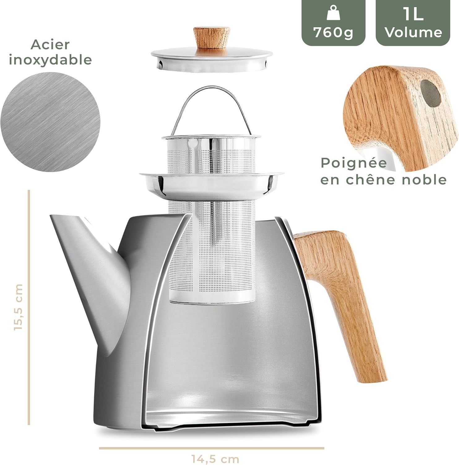 WALDWERK Théière avec Infuseur Inox à Double Paroi - Isotherme avec Poignées en Chêne - 100% Anti-goutte