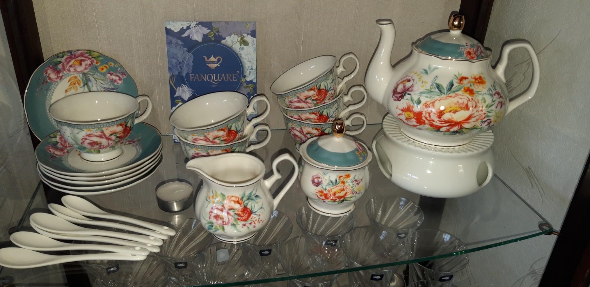 fanquare 15 Pièces Service à Thé Simple en Céramique Anglaise Blanche, Théière, Tasses en Porcelaine Osseuse pour Adultes, Cuillères Assorties, Service à Thé de L'Après-Midi Service à Café