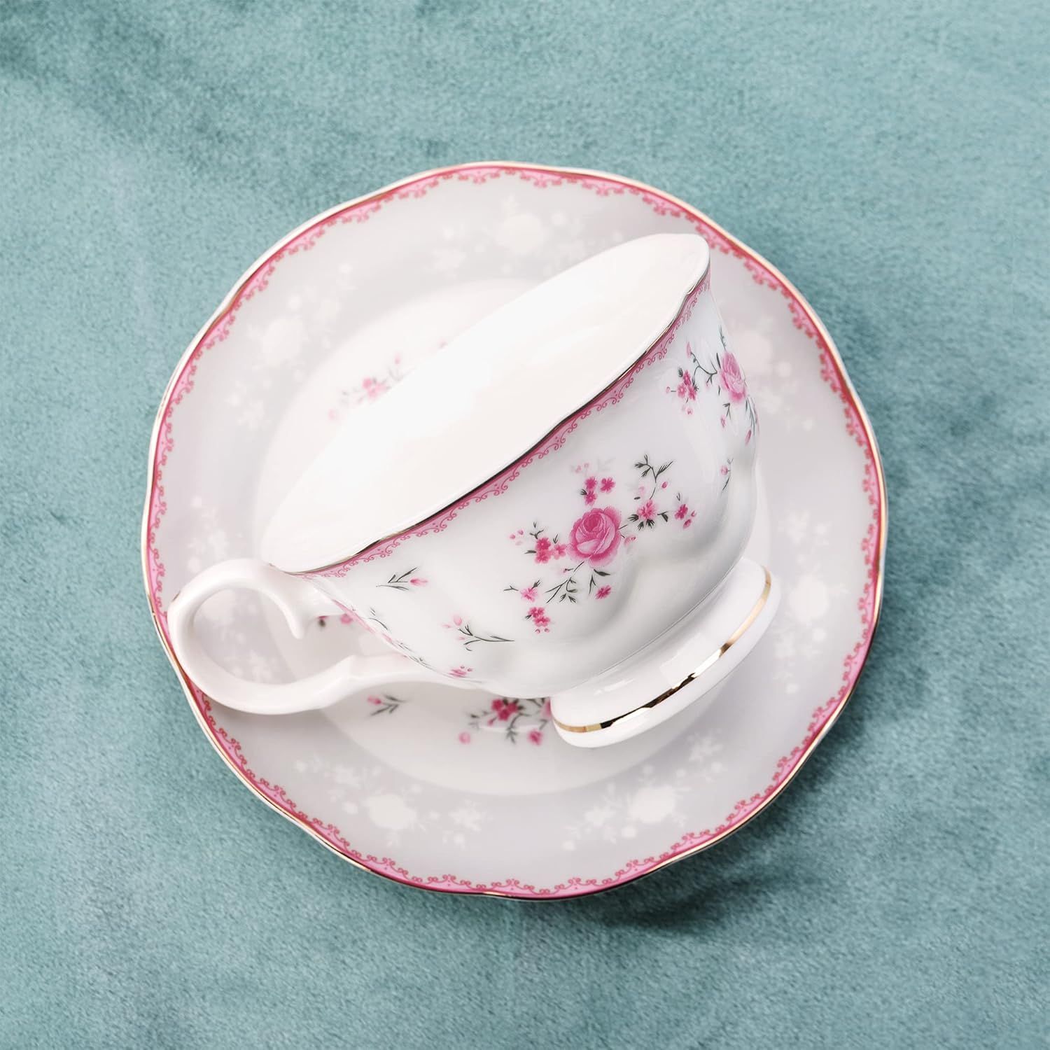 fanquare Service à Thé en Porcelaine, Ensemble de Tasse et Soucoupe à Thé, Service de Thé 6 Personnes, Théière de Mariage Pichet à Crème dans un Sucrier, Service à Café Flower China, Rose Rouge