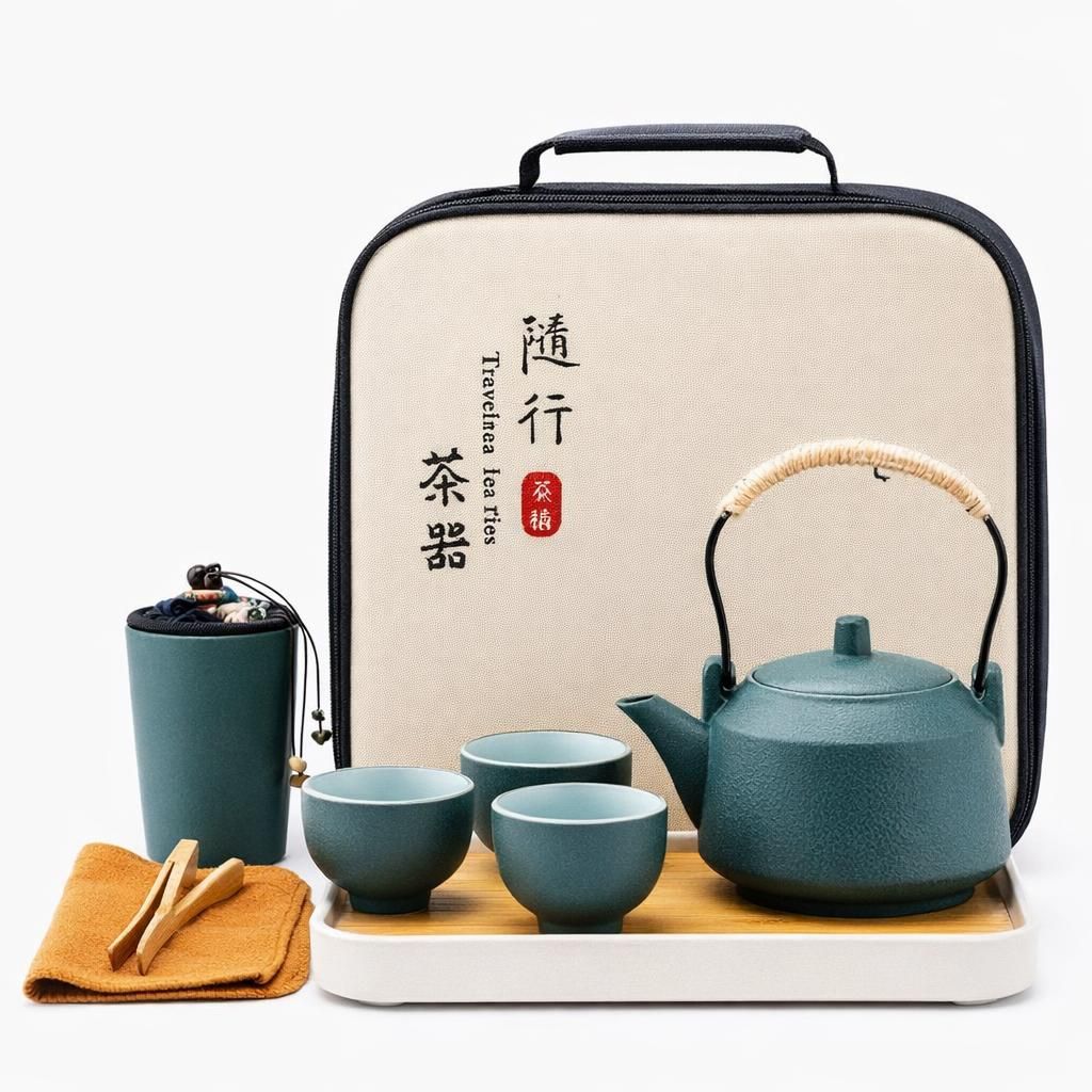 fanquare Service à Thé Vert Japonais pour Adultes, Ensembles de Thé Chinois en Céramique, Service à Thé Portable Kung Fu avec Plateau en Bambou