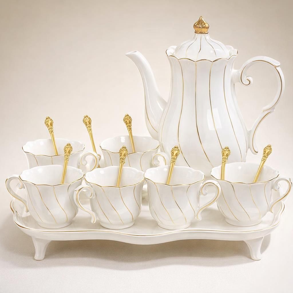 DUJUST Ensemble de Thé 14 Pièces de 6, avec Plateau à Thé et Cuillères, Ensemble de Tasses à Thé/Café de Style Britannique de Luxe avec Garniture Dorée
