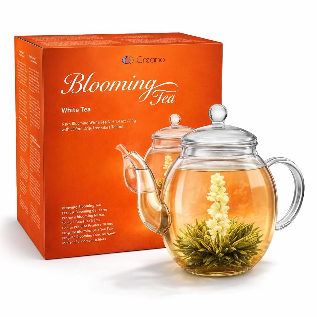 Creano Coffret „Thé en Floraison“ 6 thés de fleurs – Théière en verre 500ml sans goutte – 6 variétés de thé blanc – Idée cadeau exceptionnelle – Verre borosilicate