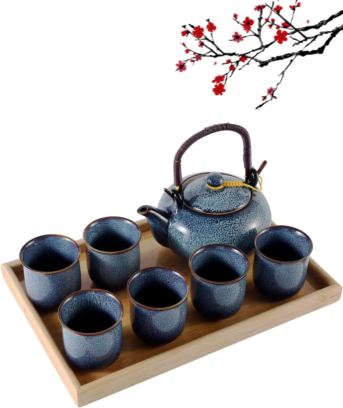 DUJUST Service à thé japonais - 8 pièces, en porcelaine avec 1 théière, 6 tasses et 1 plateau à thé, theiere unique pour adultes, bleu clair