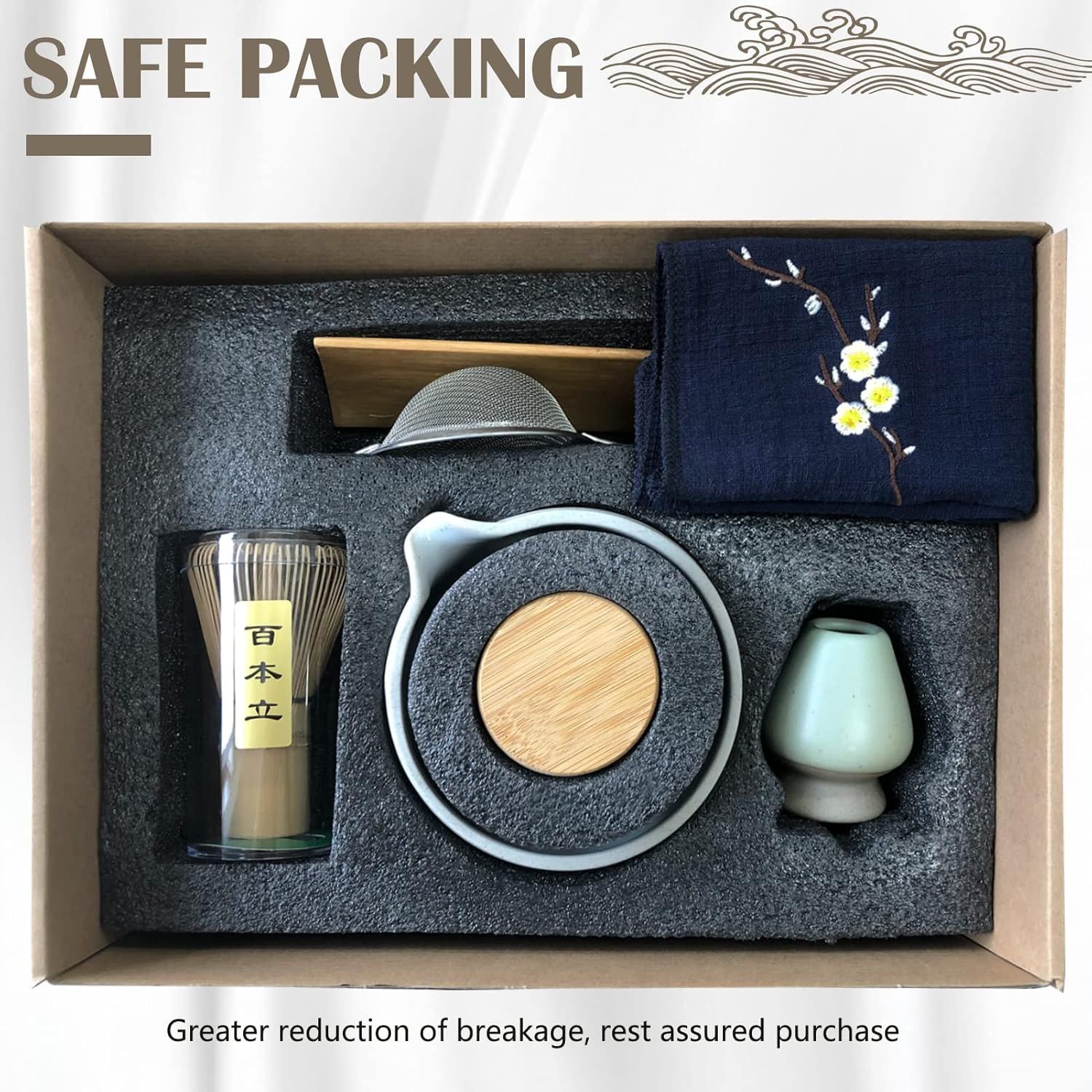 Artcome Service à Thé Japonais - Kit de Cérémonie Matcha Fait à la Main avec Bol, Fouet, Cuillère, Porte-Fouet en Céramique et Boîte à Poudre