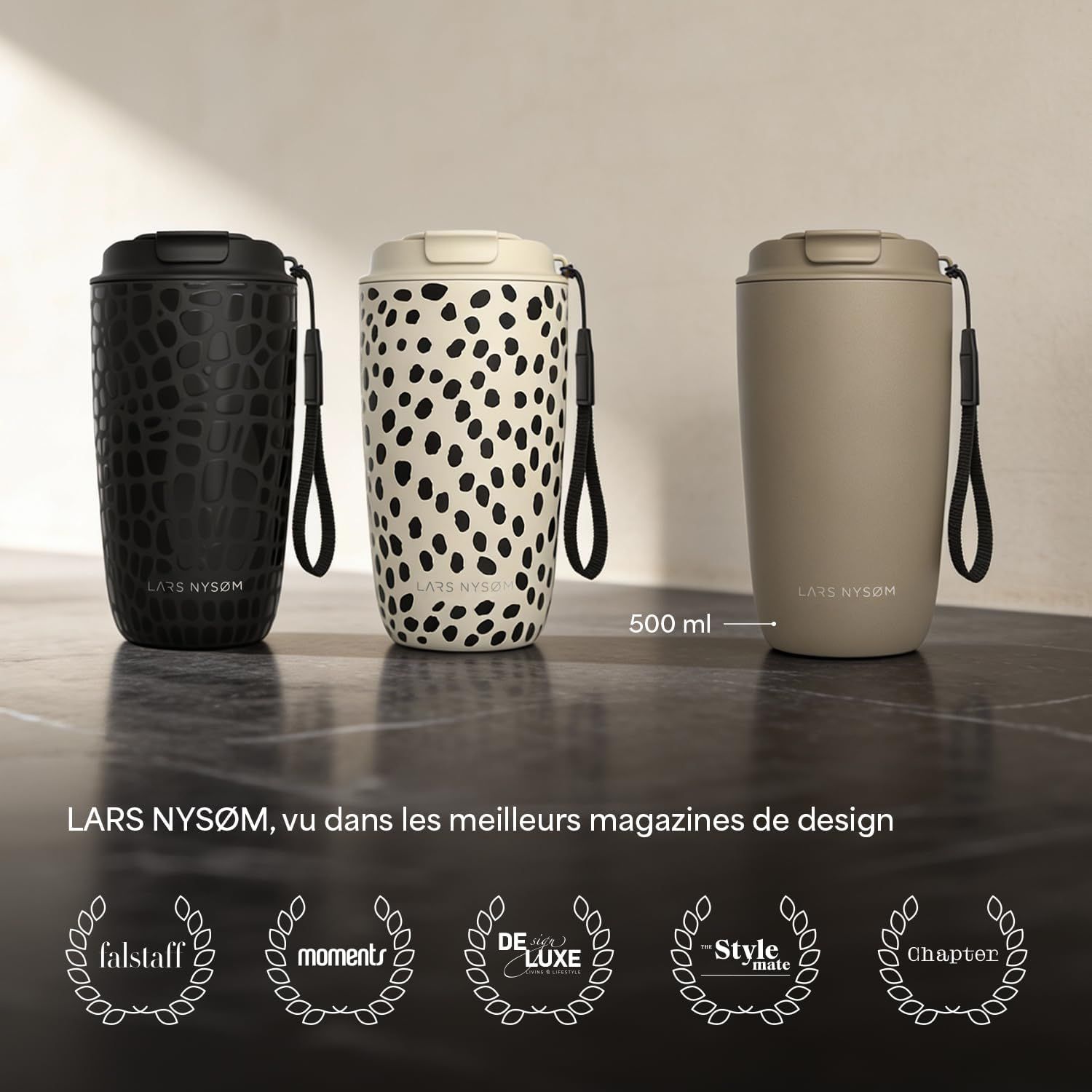 LARS NYSØM Mug Isotherme Cafe to-go avec sangle et couvercle en tritan 500ml | Tasse de voyage 0.5 L avec isolation | Tasse thermique avec design à motif en acier inoxydable (Beige/Leopard/Black)