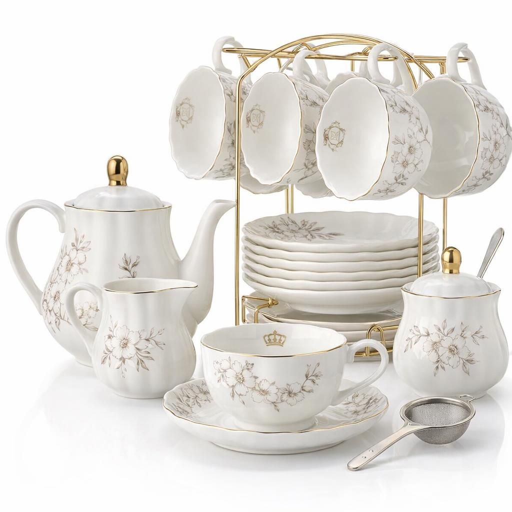 British Royal Series Service à thé en porcelaine avec tasses et soucoupe pour 6 personnes 225 ml avec théière, sucrier, pichet à crème, cuillères à café et passoire à thé