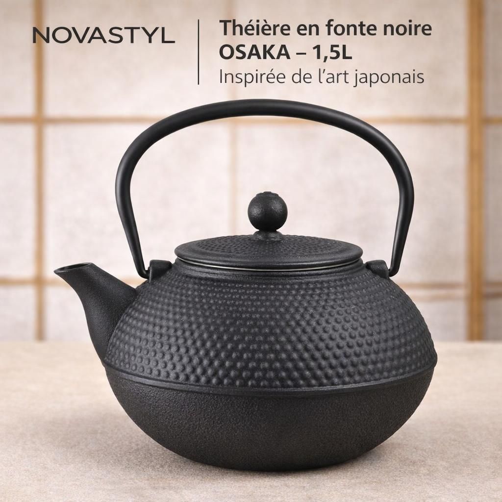 NOVASTYL – Théière en fonte noire OSAKA – 1,5L - Inspirée de l'art japonais - 7321423