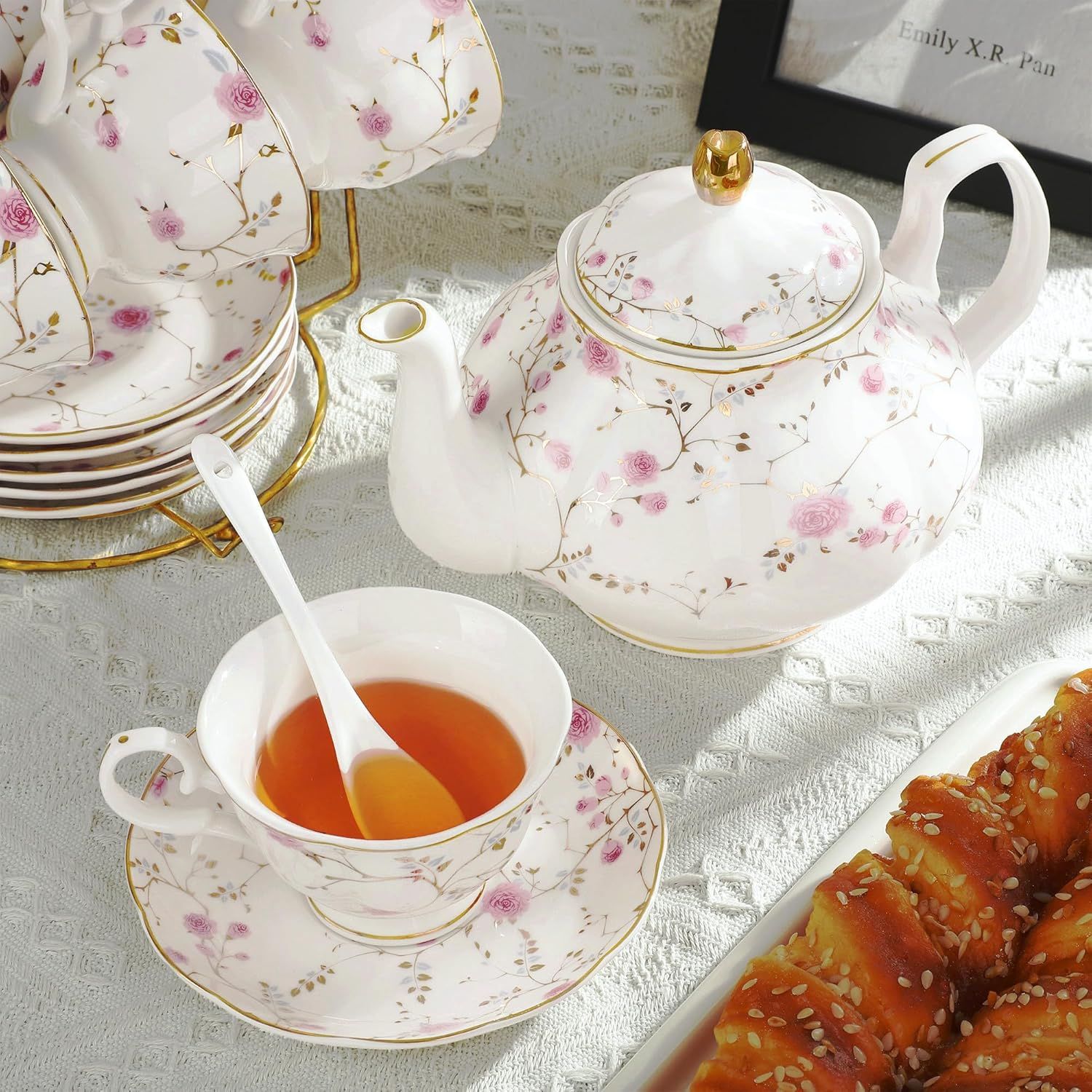 fanquare Fleurs Roses et Vignes Service à Thé de l’après-midi, 21 Pièces Ensemble de Théière en Porcelaine Britannique, Service à Café de Fête de Mariage Vintage, Service à Thé Adulte pour 6