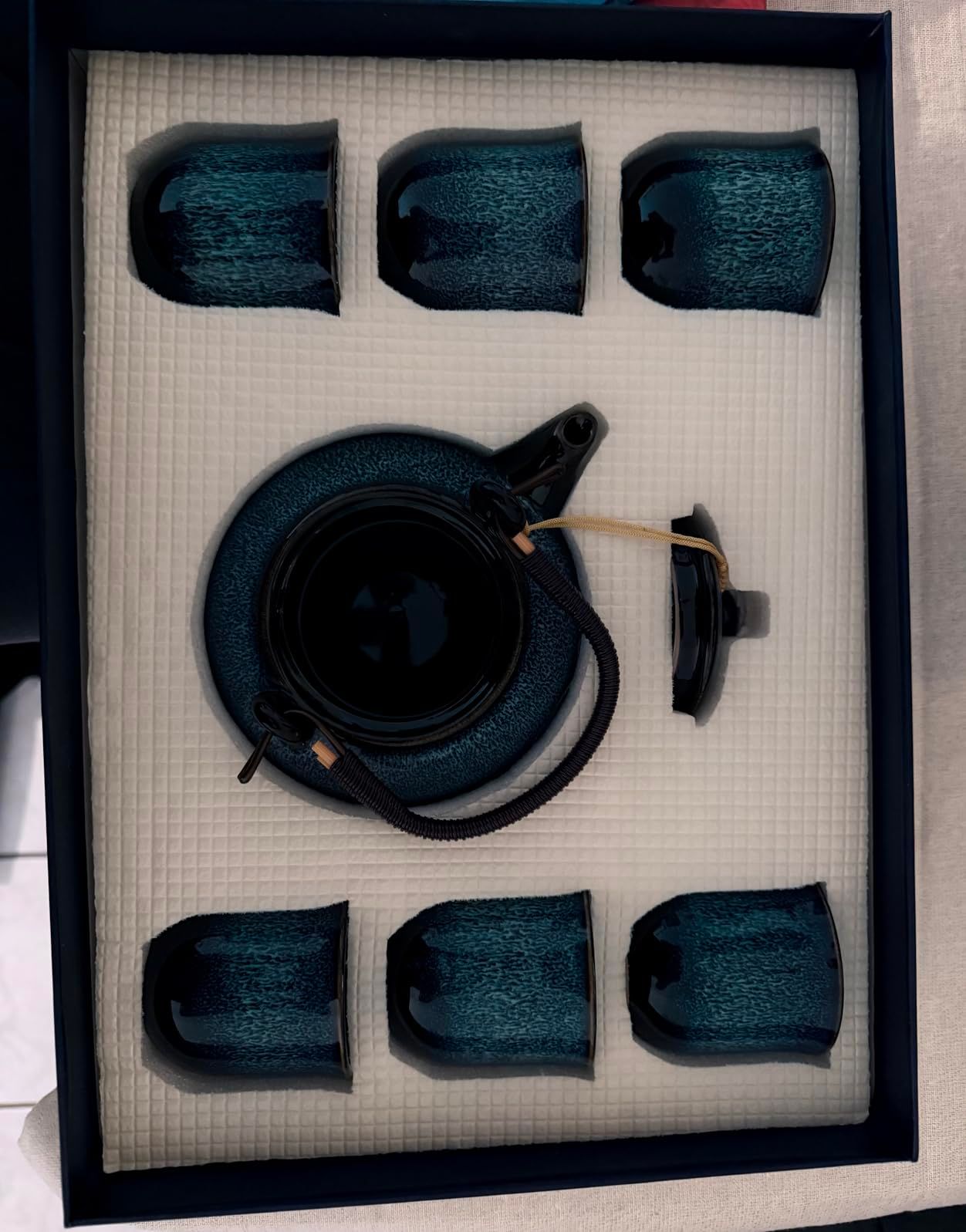 Service à thé chinois en céramique, théière de 600 ml et 6 tasses de 120 ml, service à thé kungfu changeant de four, théière asiatique pour les amateurs de thé, bleu