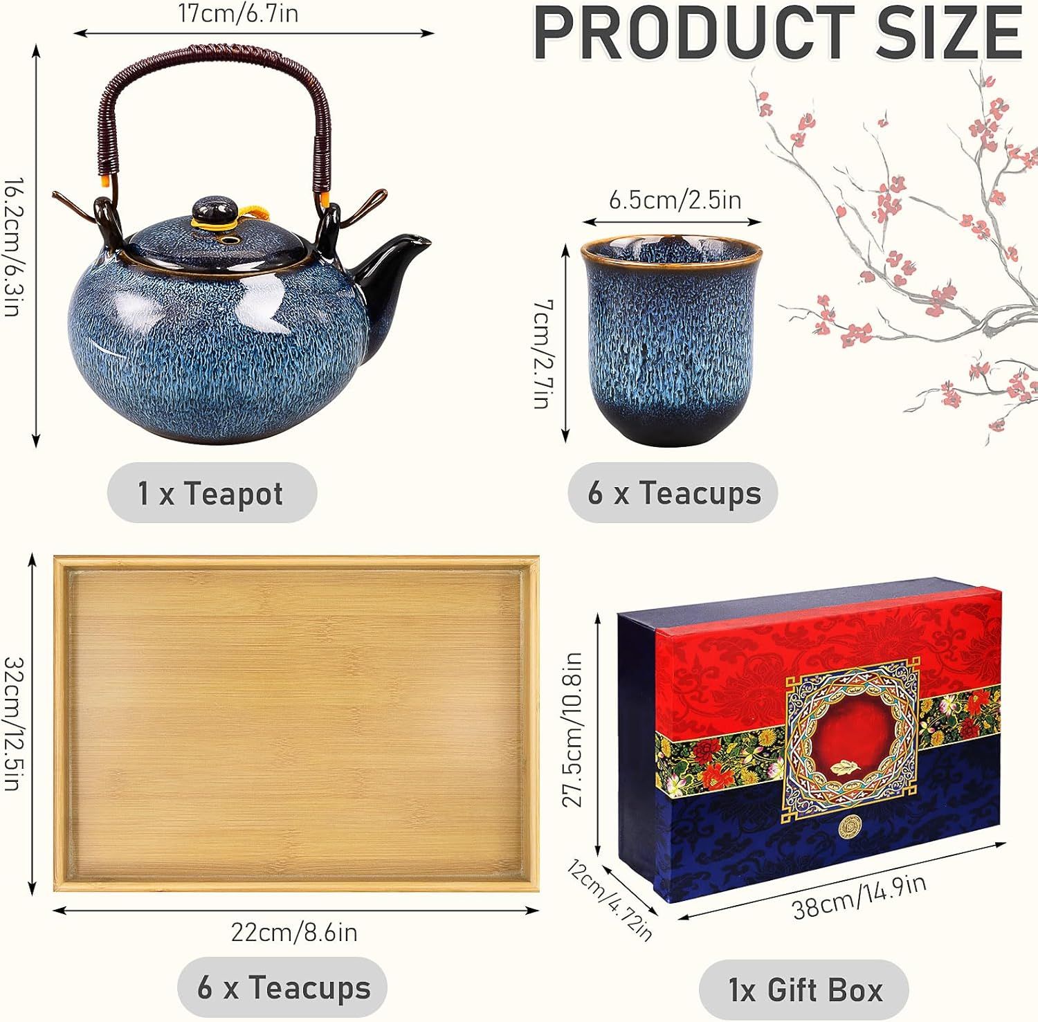 Service à thé japonais en porcelaine de 650 ml avec 6 tasses à thé, boîte cadeau, théière chinoise émaillée modifiée au four pour adultes, amateurs de thé, homme et femme