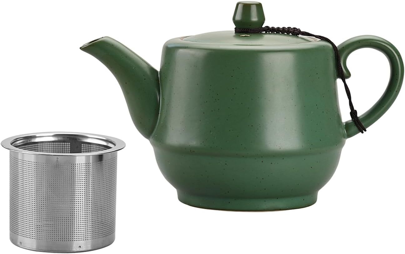 Théière en céramique de style rural avec infuseur en acier inoxydable 473,6 g – Théière en porcelaine fleurie et feuilles mobiles (vert)