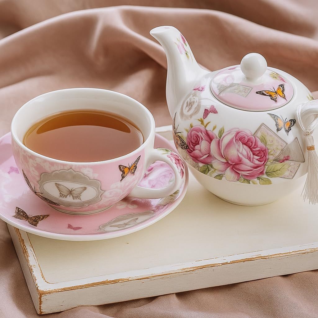 London Boutique Ensemble théière, tasse et soucoupe vintage en porcelaine pour 1 personne, motif floral avec rose et papillons, boîte-cadeau incluse