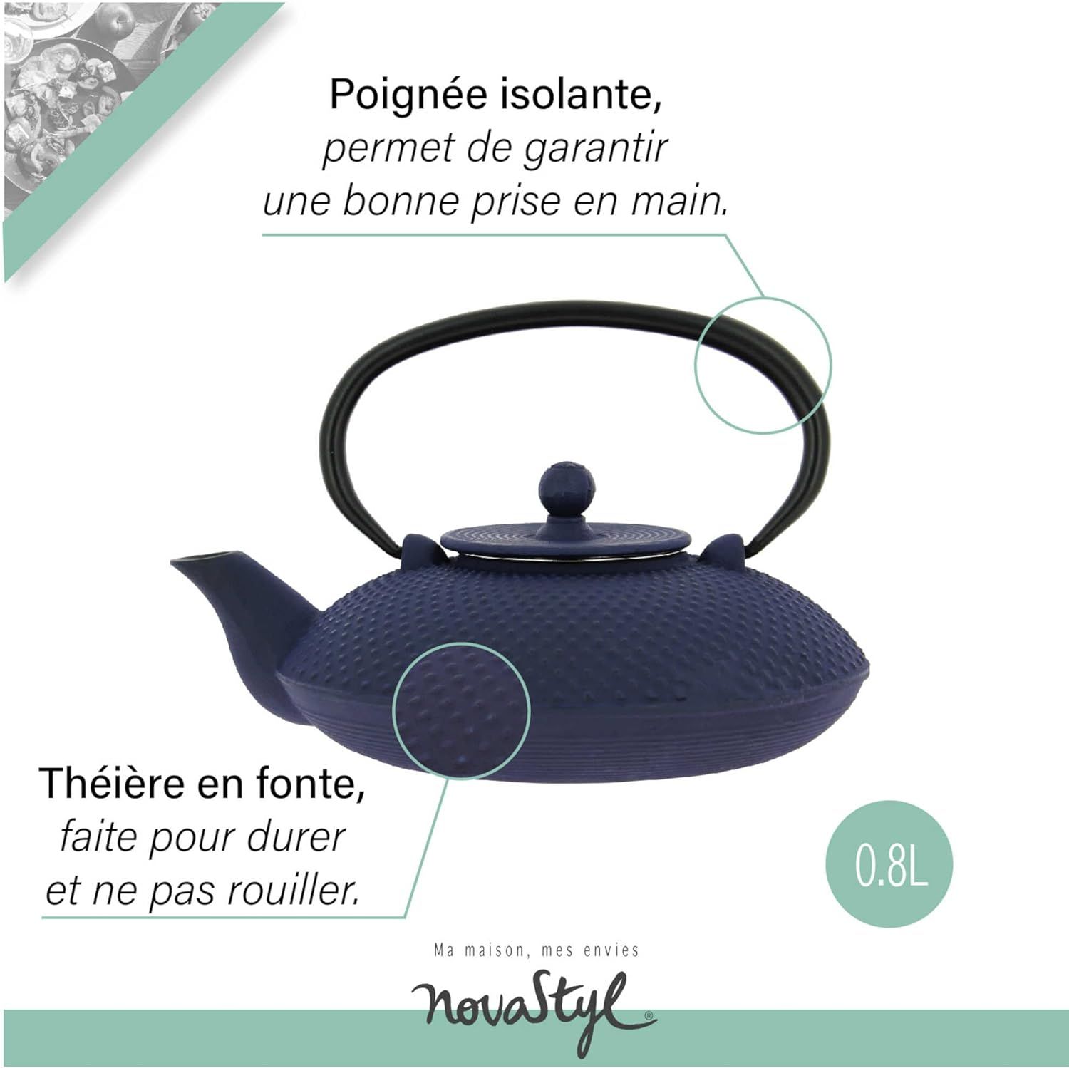 NOVASTYL - Théière en fonte Fuji bleue - 0,8L - Inspiré de l'art japonais - 7321629