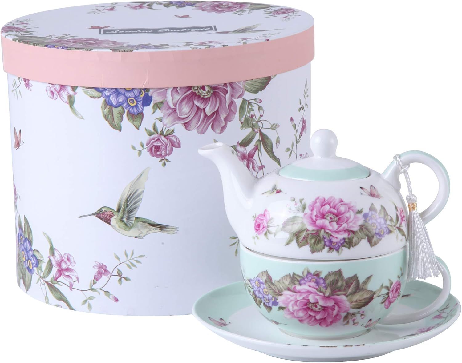Ensemble de théière, tasse et soucoupe en porcelaine pour une personne à motif floral boîte cadeau