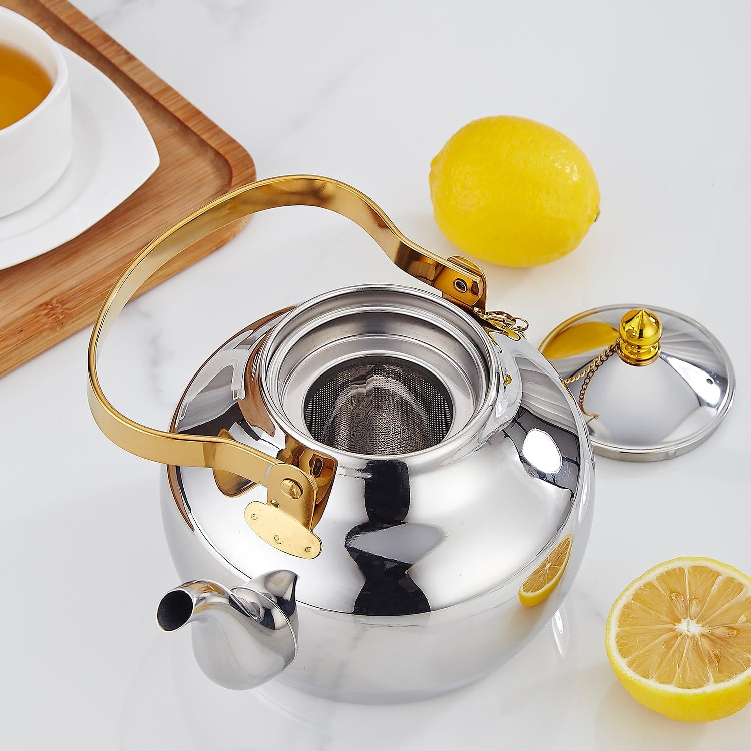 SANQIAHOME Théière de 2 litres en acier inoxydable avec passoire - Un style moderne et minimaliste